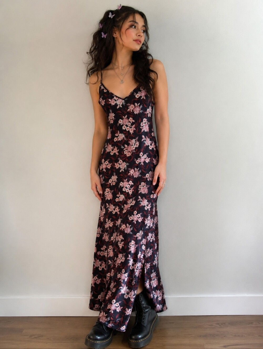 Vintage 90s LOFT Navy Floral Slip Maxi Dress Cottagecore Coastal